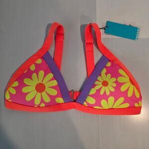 ONEONE Swim Bikini Top NWT Neon Pink Yellow Floral Retro Flower Power Size XL